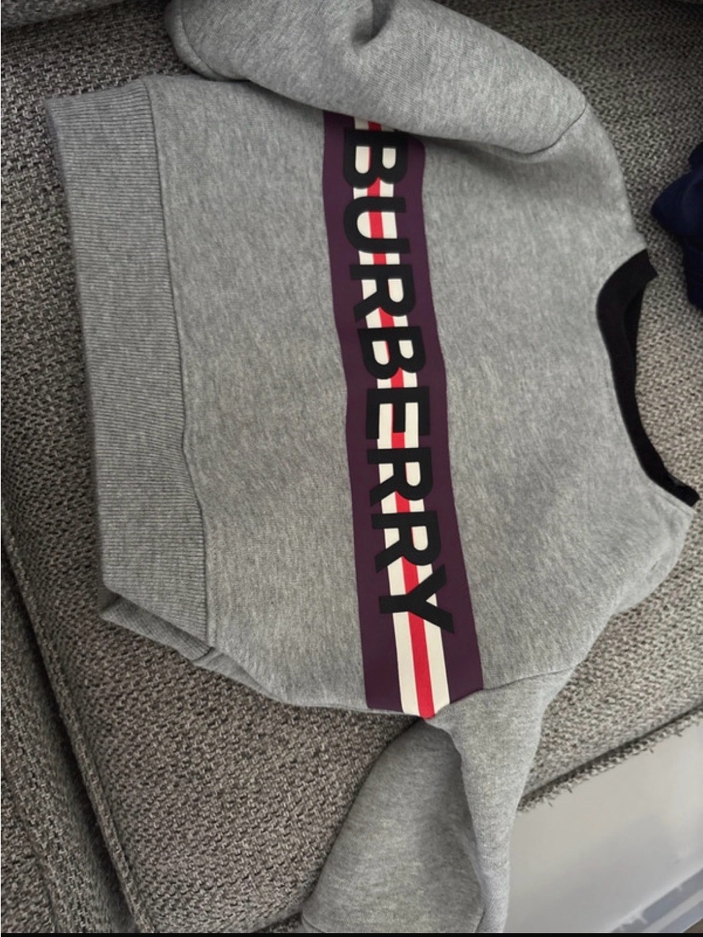 Burberry Grey Crewneck with Purple Stripe and Black Logo